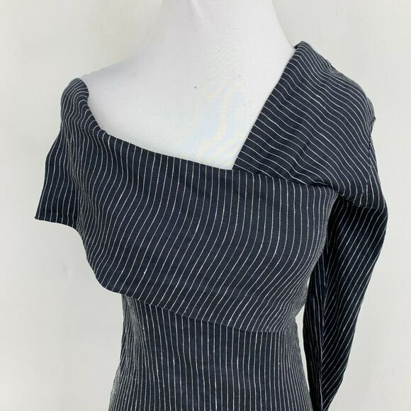 Beaufille Pinstripe One Sleeve Canopy Dress Size 4 Navy Linen Blend Stretch - Picture 7 of 13